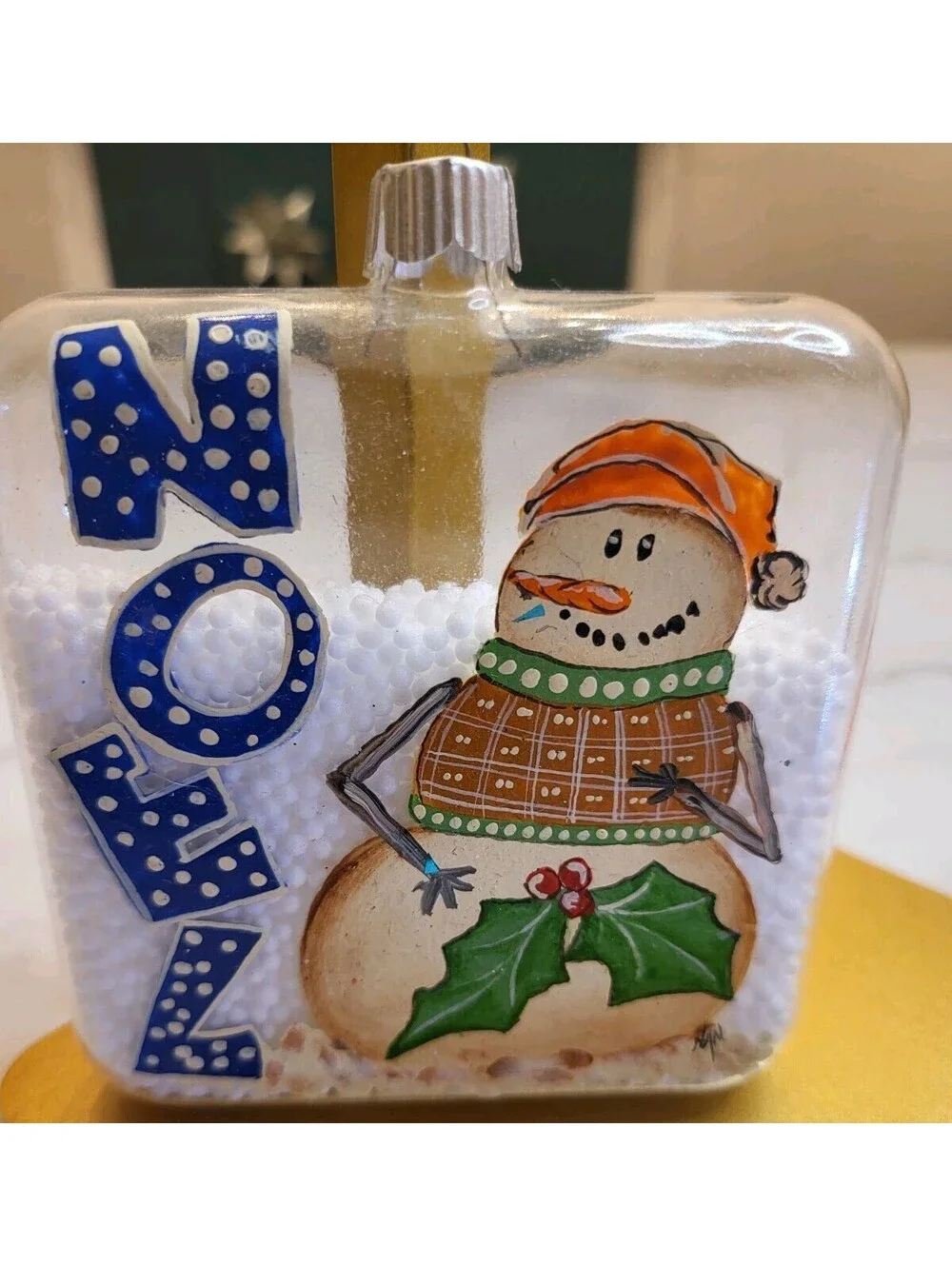 Vtg Glass Hand Painted Signed Ornament EUC Noel Snowmen In Snow 4” OOAK